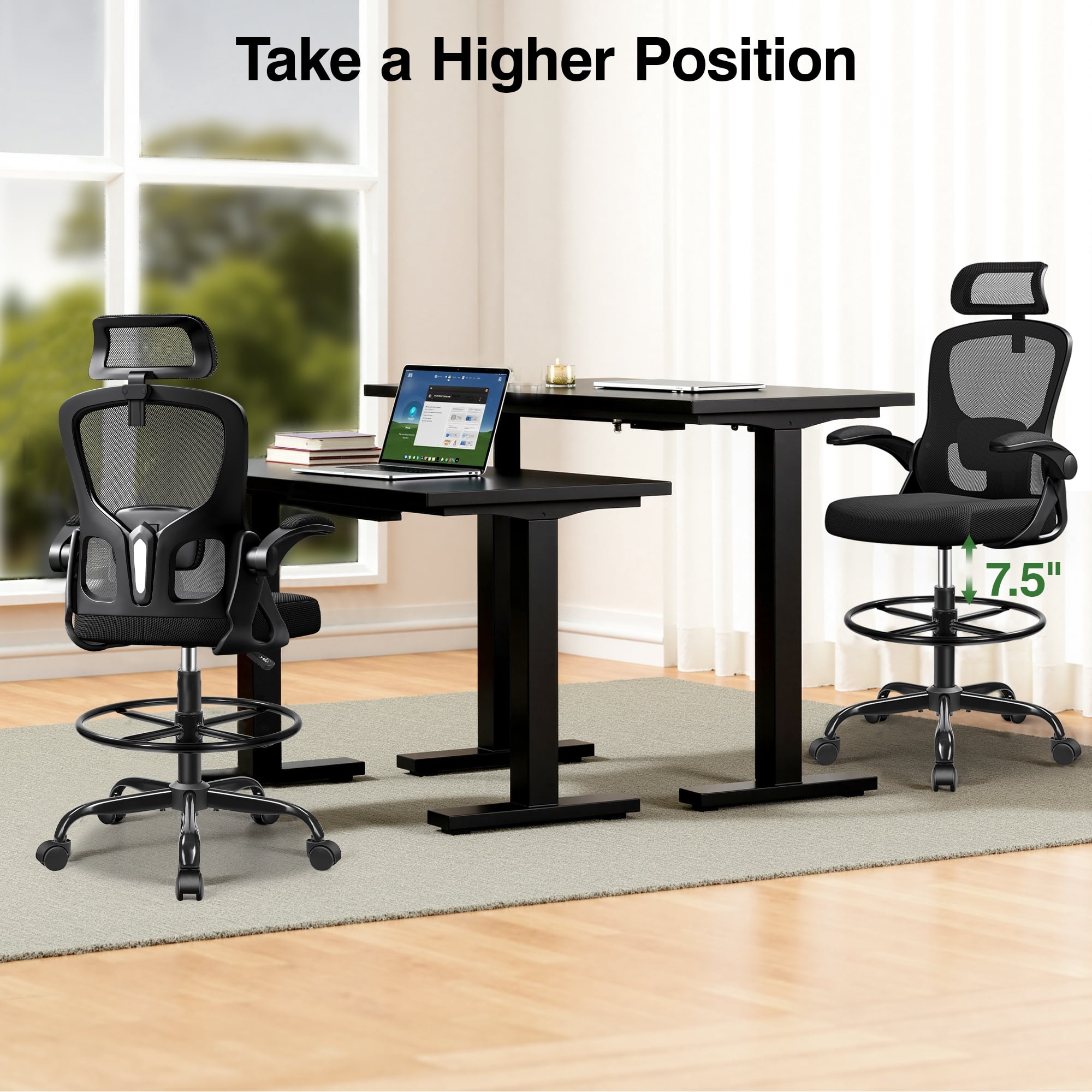 ATHOPE Office Chair Ergonomic Desk Chairs, Mesh Computer Chair with Headrest and Flip-up Arms, Adjustable Home Office Desk Chair with Lumbar Support Footrest Ring for Standing Desk, Black