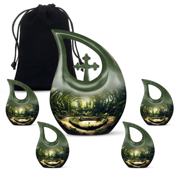 MUKTIVE Forest Decorative Memorial Urn for Human Ashes & Jungle Mans, Green Combo Sets Urns for Adults Male & Female, Funeral Cremation Urns for Ashes, (1 Large 10 ", 4 Keepsake 3 ")