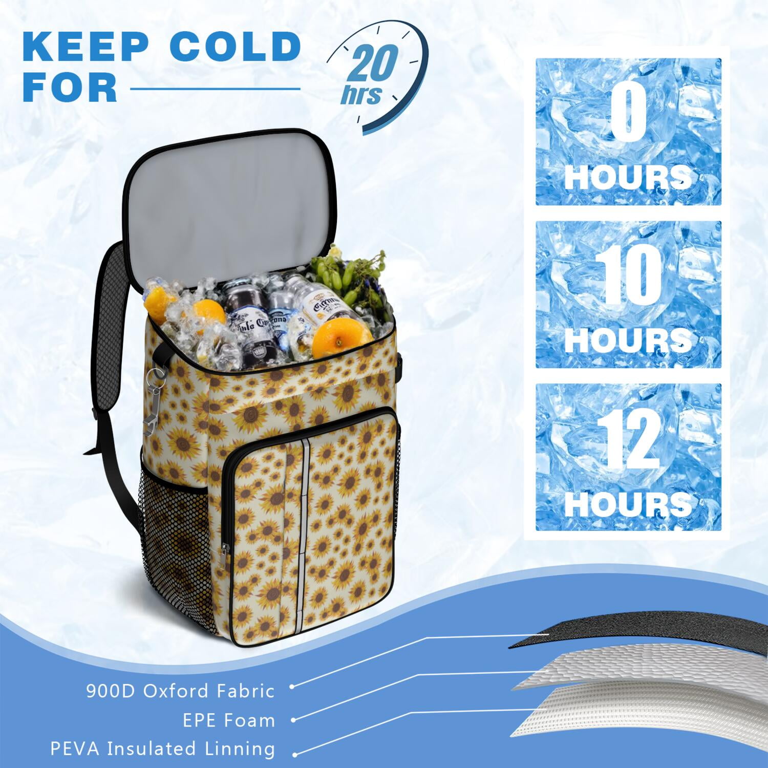 Travel Cooler Bag - White Sunflower Camping Beer Cooler Backpack with Bottle Opener- Waterproof Insulated Picnic Backpacks - Cooler Bag for Beach