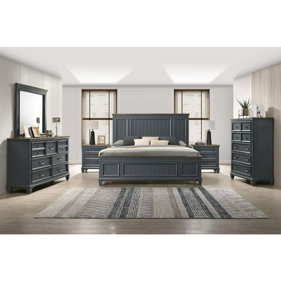 Roundhill Furniture Clelane Wood Bedroom Set Panel King Bed, Dresser, Mirror, 2 Nightstands, Chest