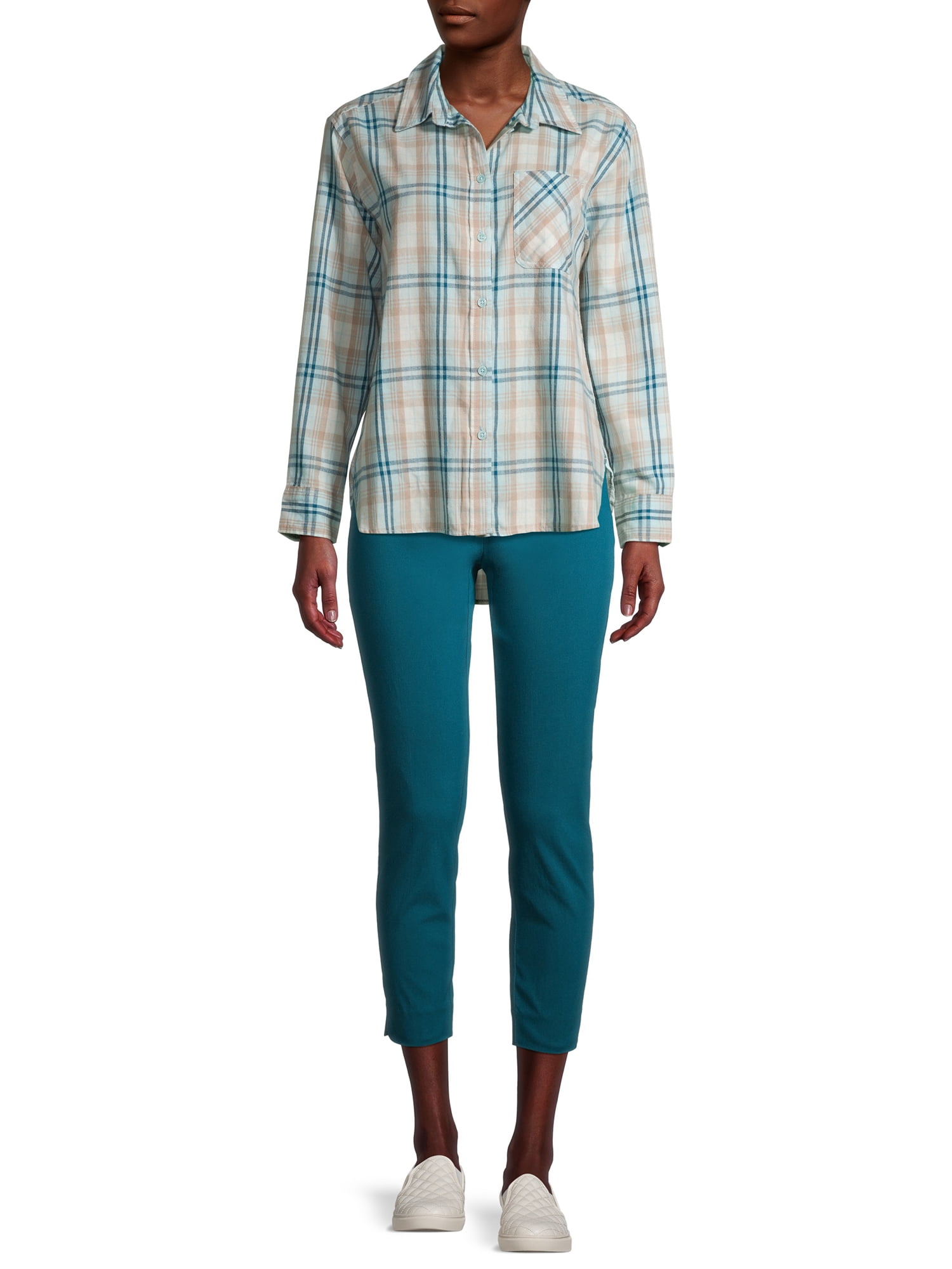 Time and Tru Women's Plaid Flannel Button Front Shirt