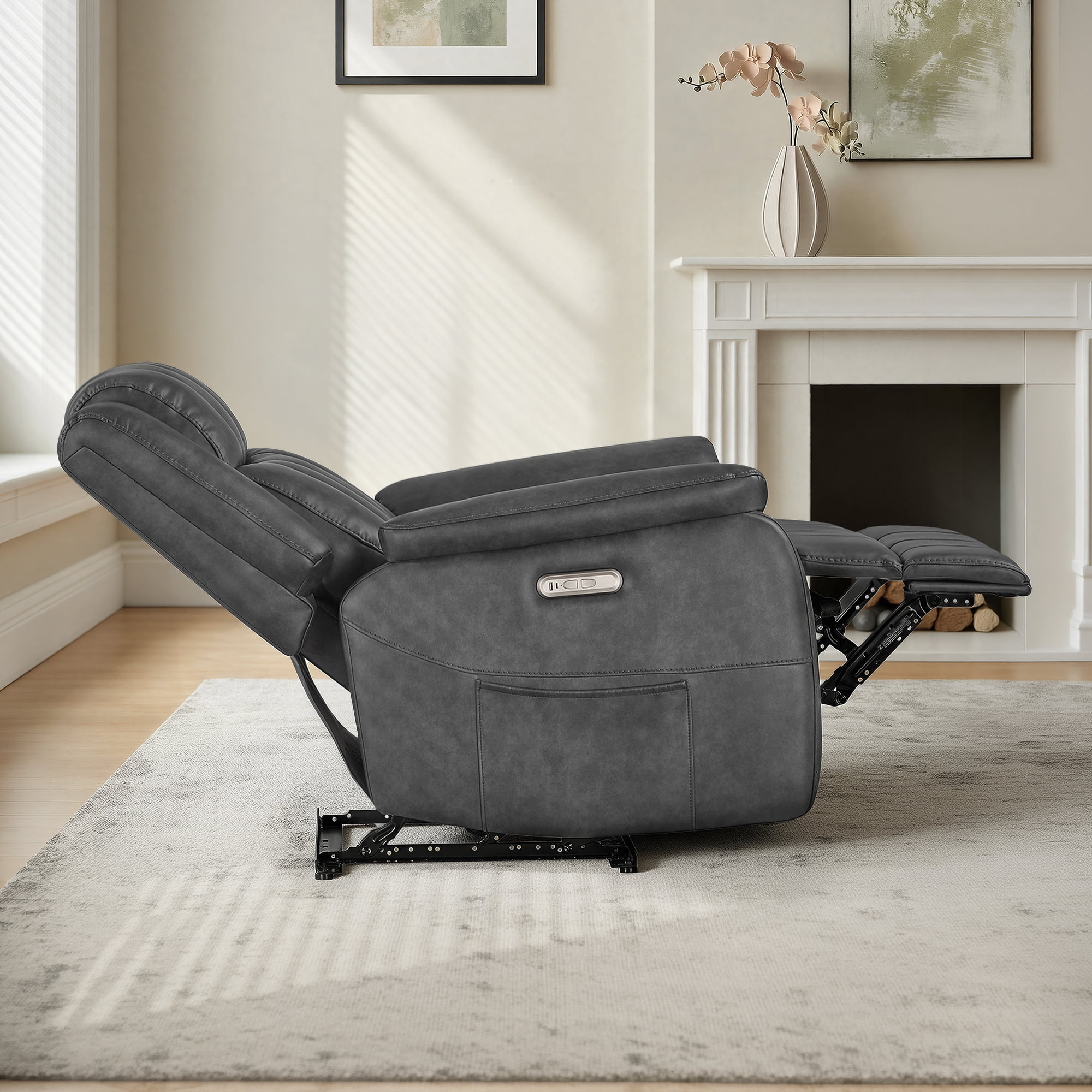Spruce & Spring Power Recliner Chair, Modern Faux Leather Wall Hugger Electric Recliner Sofa with Channel Tufted Back and Overstuffed Armrests, Adjustable Living Room Single Sofa, Gray