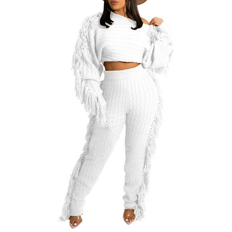 Women Clothing On Sale Women Fashion Casual Clothes Solid Color Two Piece  Knitted Long Sleeve Tassel Outfits Outfits for Women 2 Piece Sets