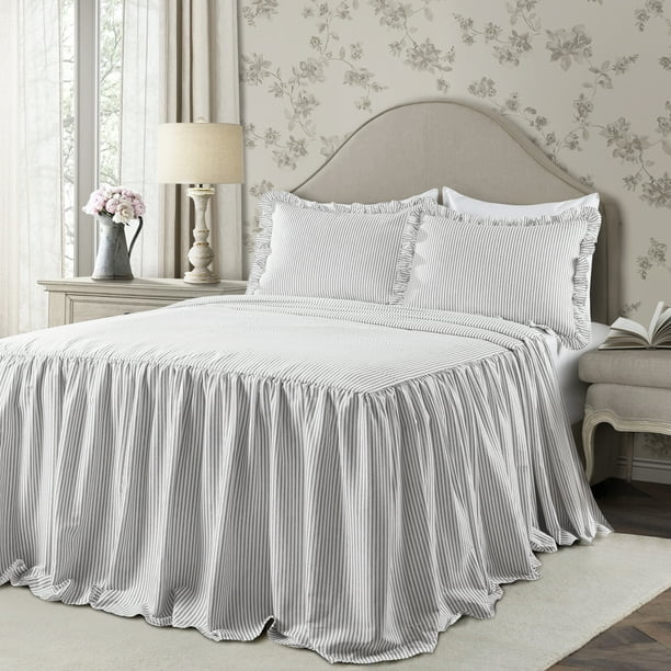 Lush Decor Ticking Stripe Ruffle Detail Polyester Bedspread, King, Gray ...