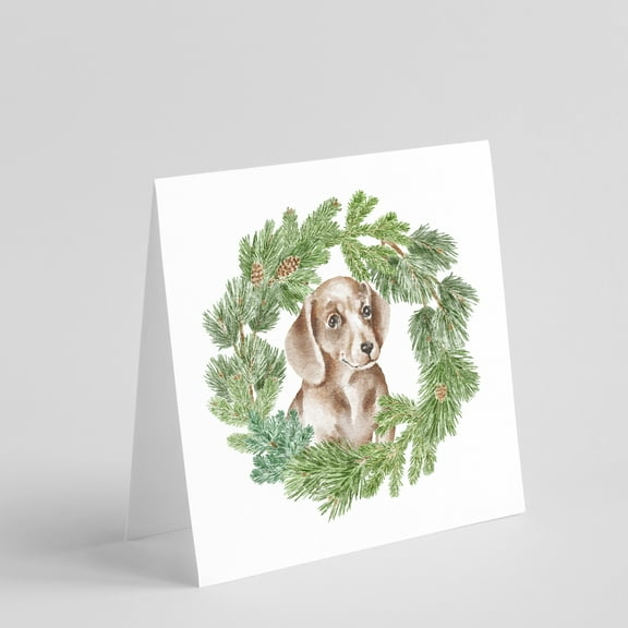 Dachshund Red Puppy with Christmas Wreath Square Greeting Cards and Envelopes Pack of 8 5 in x 5 in