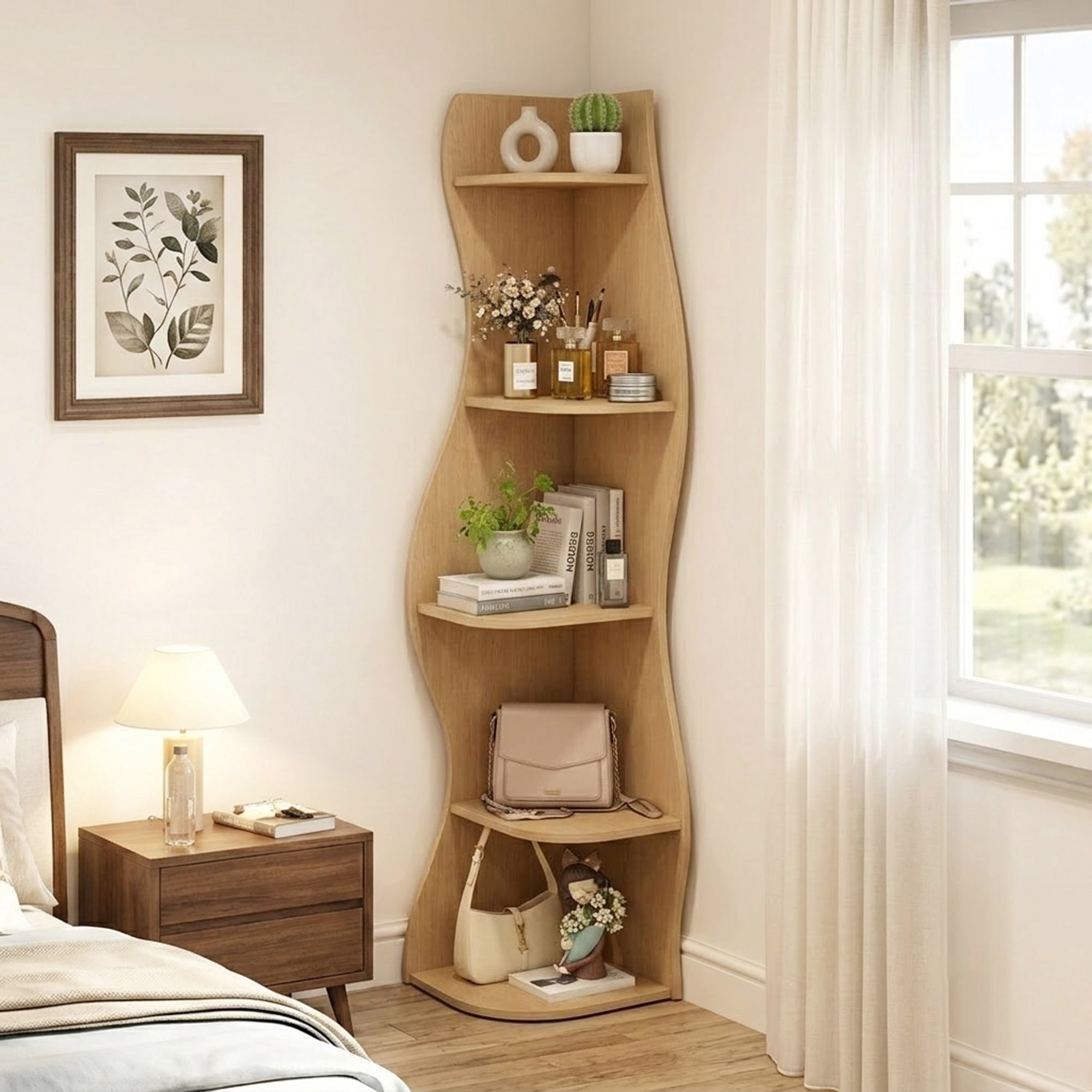 5-Tier Corner Shelf S-Shaped with Curved Modern Design, Freestanding Display Rack and Bookshelf Plant Stand for Living Room Bedroom Bathroom, Natural Wood
