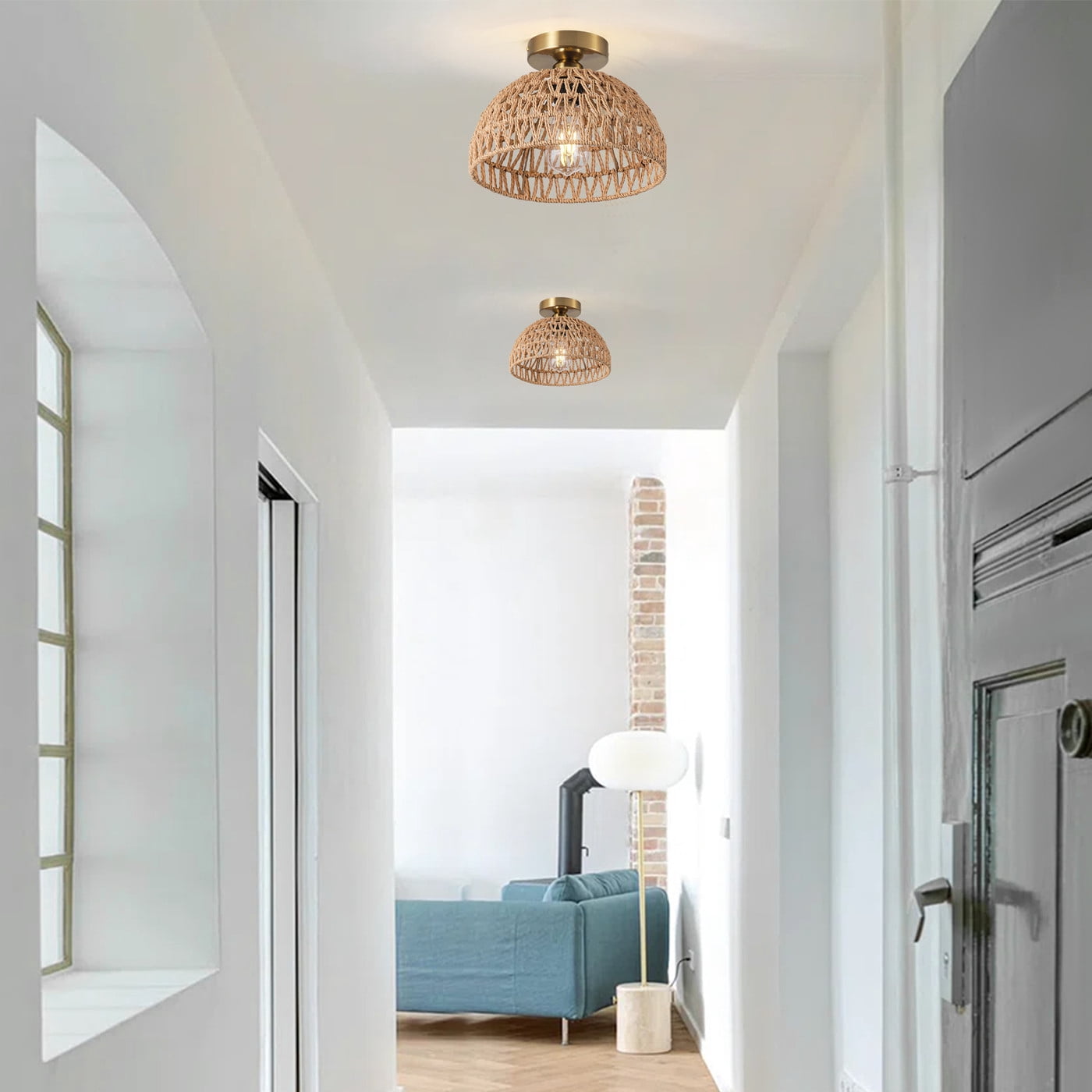 Modern Gold Ceiling Light, Rustic Boho Cage Semi Flush Mount Ceiling Light, Coastal Light Fixture for Bedroom Dining Room Kitchen Foyer Hallway