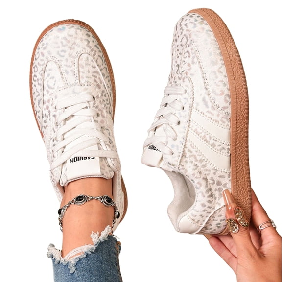 QWKLEAJ Women’s Retro Leopard Print Casual Shoes, Metallic Denim Two Stripe Lace Up Gum Platform Trainers for Daily Street Walking Fashion Footwear Silver 6.5