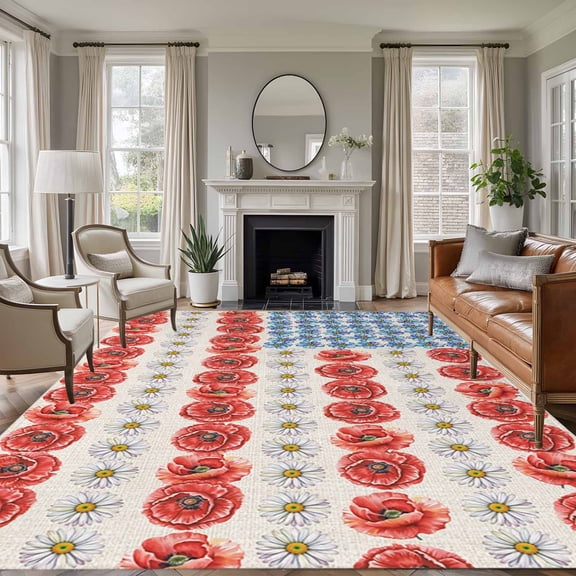 Large Area Rugs for Living Room Bedroom, Independence Day 5'x8' Rug Washable Carpet Runner Indoor Outdoor, American Flag Red Blue White Flowers Non Slip Floor Mats Rug for Kitchen, Bathroom