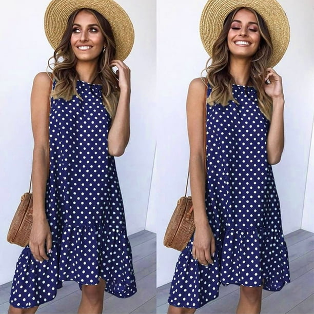 Vestidos largos Fnochy para mujer, vestido de verano en liquidación, moda, cuello redondo, sin mangas, lunares, suelto, vestido con volantes grandes