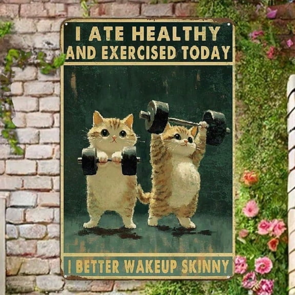 HELLOYOUNG Vintage Cat Metal Sign 8x12 Inch Funny Fitness Motivational Tin Wall Art Cute Cartoon Gym Decor for Home Office Bar Garden