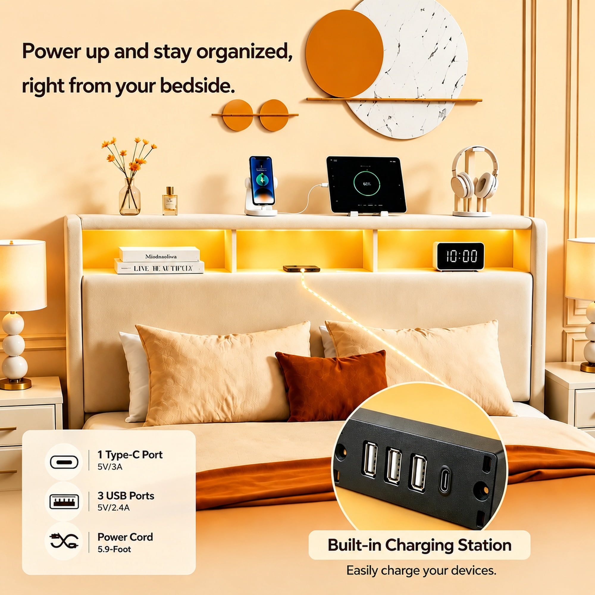 Mintazer Queen Size Upholstered Platform Bed Frame with LED Light & Charging Station, Modern Platform Bed Frame with Storage Headboard and Under Bed Drawer, No Box Spring Needed, Beige