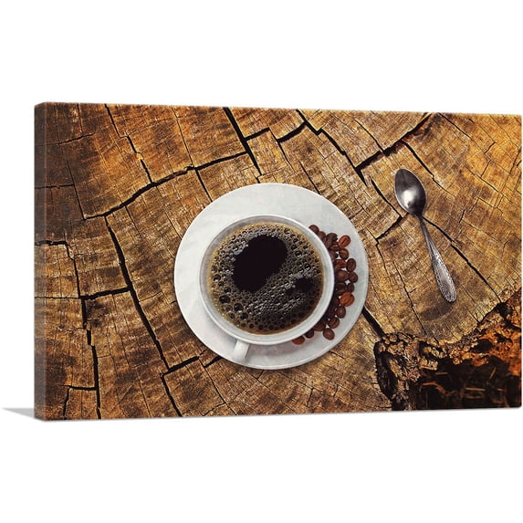 ARTCANVAS Coffee on Wooden Table Coffee Shop decor Canvas Art Print - Size: 26" x 18" (0.75" Deep)