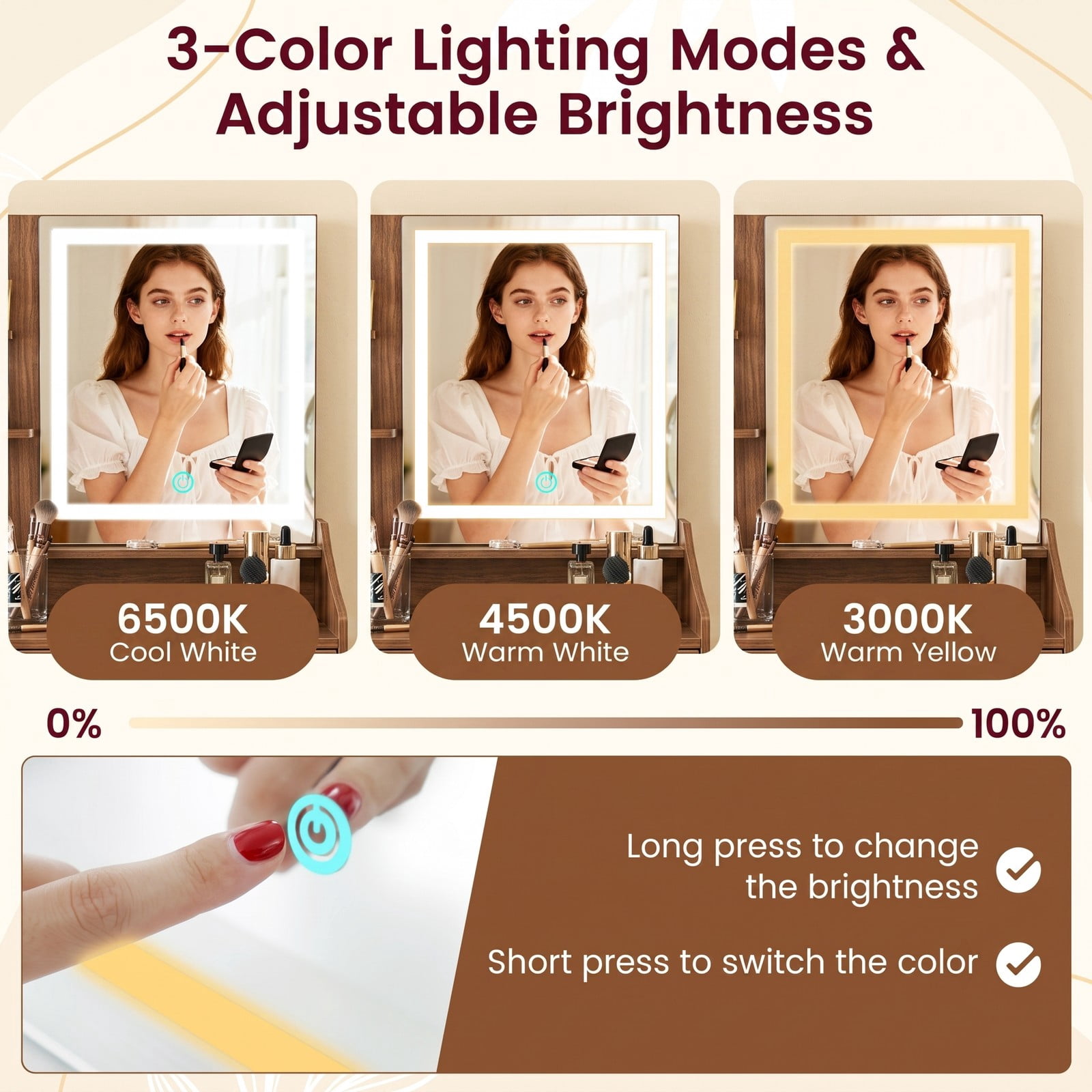 Furnibear Vanity Desk with LED Lighted Mirror and 3 Color Modes and Charging Station and Storage Stool for Bedroom, White