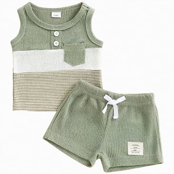 HCNTES Toddler Baby Boy Clothes 12 18 24 Month 2T 3T Summer Outfit Stripe Waffle Knit Sleeveless Vests Shirts Shorts Set