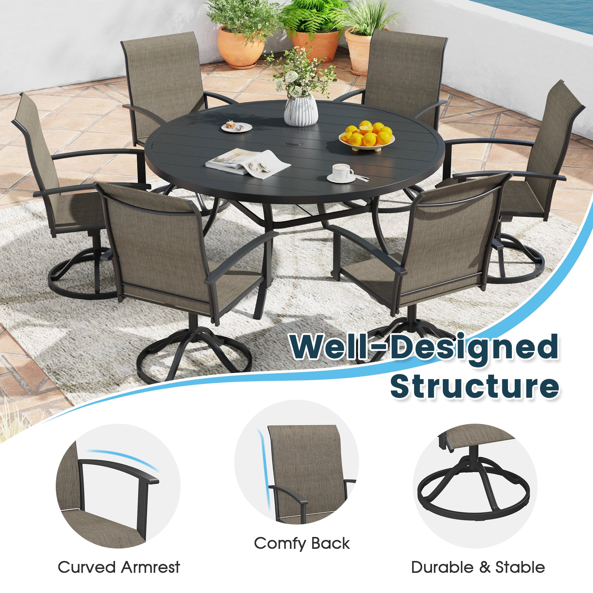 DIFY 3PCS Patio Dining Furniture Set, 28" Square Slatted Table and 2 Swivel Textilene Chairs