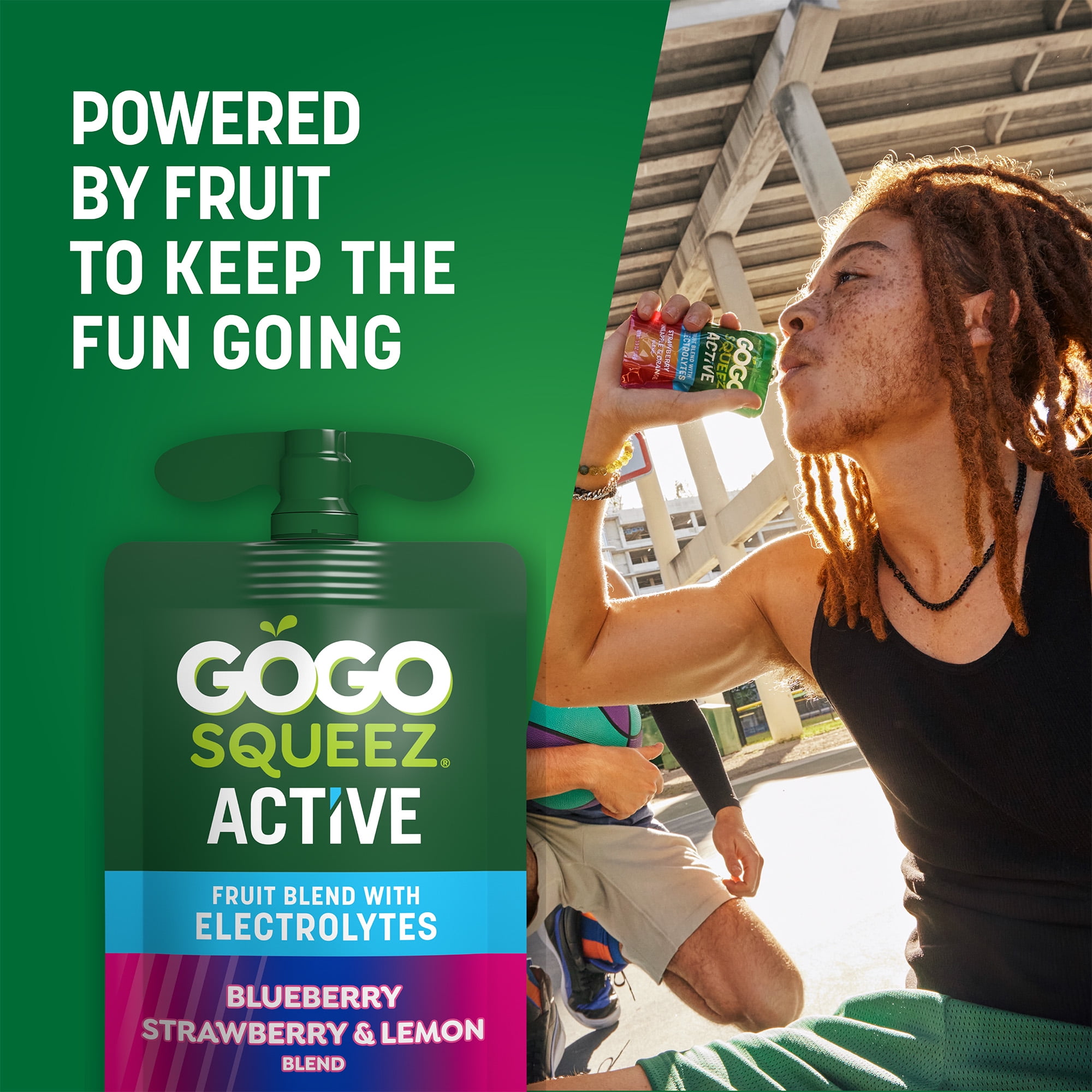 GoGo squeeZ Active Fruit Blend with Electrolytes, Blueberry Strawberry Lemon, 3.9 oz/10ct