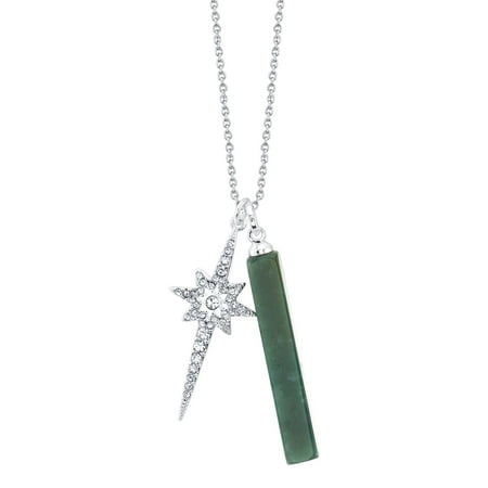 Ocean Jasper Pendant - Believe By Brilliance Fine Silver Plated Jasper Bar and Crystal Starburst Pendant Necklace, 18