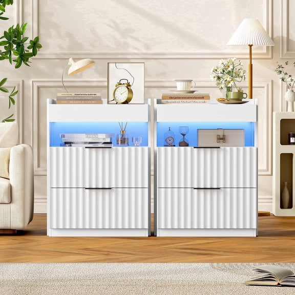 Homfa White Nightstand with 2 Drawers Set of 2, Sofa Table with Charging Station & LED Lights for Living Room, Modern Wooden Storage Cabinet for Bedroom