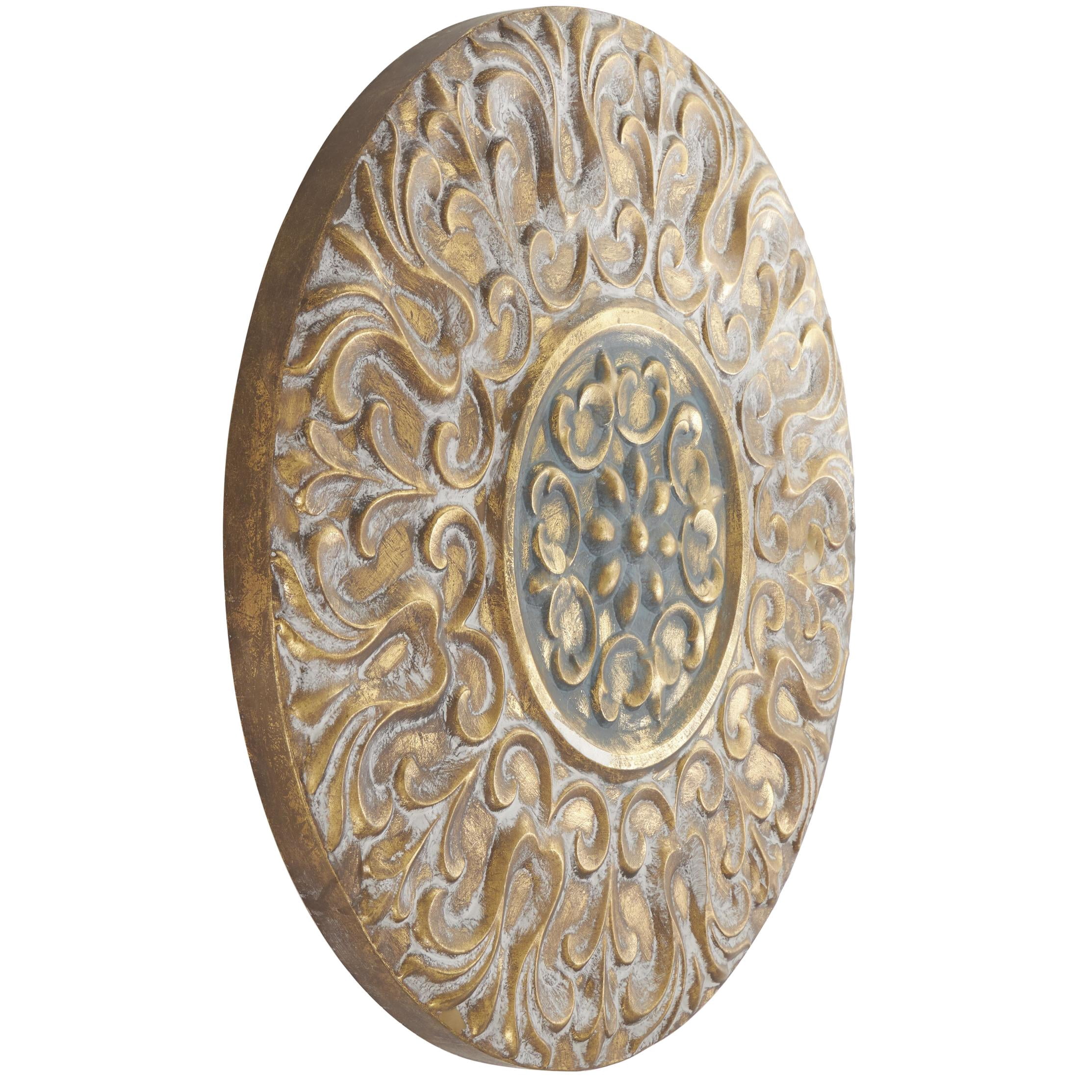 DecMode Gold Metal Embossed Scrolled Plate Wall Decor with Teal Accent