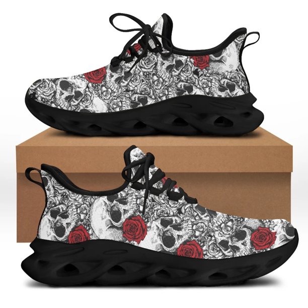 Zapatillas Yikeluo con diseño de calaveras de azúcar y rosas góticas, transpirables, con cordones de malla, cómodas para correr para mujer