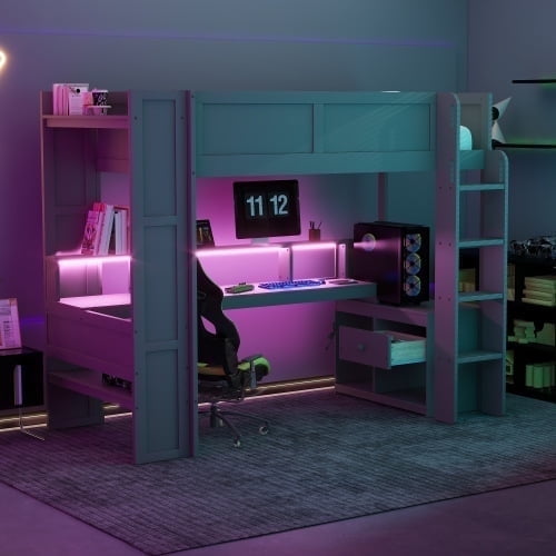 Twin Size Gaming Loft Bed with Desk and Storage, Wood Loft Bed with LED and Charging Station, Heavy Duty Loft Bed Frame with Wide Ladder for Adults Teens, Dark Gray