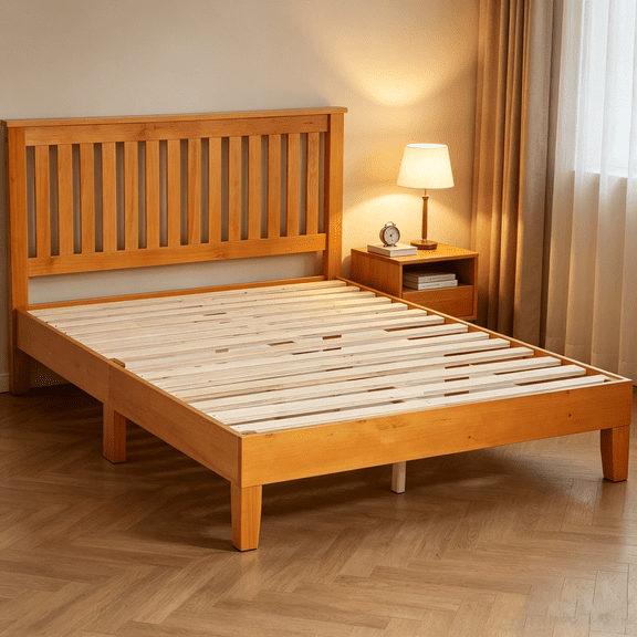 Full Bed Frame Solid Wood Platform Bed with Headboard, Full Size Wood Foundation for Adults, 75.7"L x 54"W x 37"H, Natural