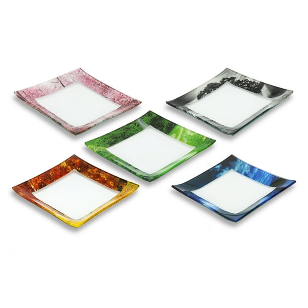 GAC Unique Landscape Design Square Tempered Glass Dessert Plates 6 Inch Set of 5 Break and