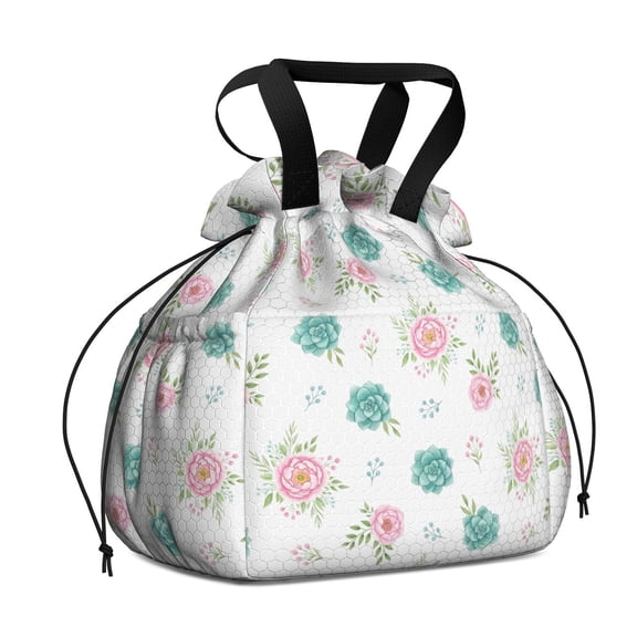 Pioneer Flower Floral Print Pattern Drawstring Lunch Bag Women - Drawstring Lunch Bag Insulated for Work Office - Stain-Resistant Large Lunchbags for Women with Multi-Pockets