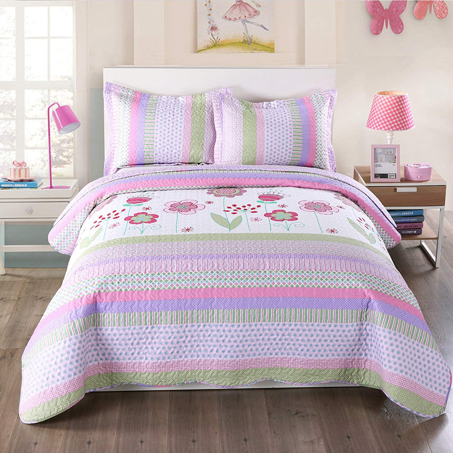 MarCielo 3 Piece Kids Bedspread Quilts Set Throw Blanket for Teens Girls Bed Printed Bedding Coverlet, Full Size, Purple Floral Striped (Full)