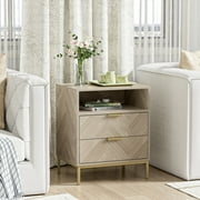 Industrial Small Accent Side Table with Drawer, Open Shelf, Herringbone Pattern Wooden Storage Cabinet, Oak H0103
