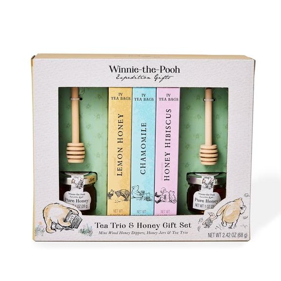 Thoughtfully Winnie-the-Pooh Honey & Tea Gift Set, Granules & Liquids, 3 Tea Flavors, 2 Honey Jars, 2 Wooden Dippers, Baby Shower Gift