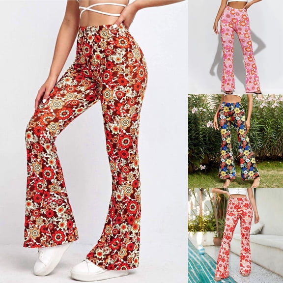 KDFJPTH Women's Retro Floral Print Flare Pants High Waist Boho Bell Bottom Trousers Red M