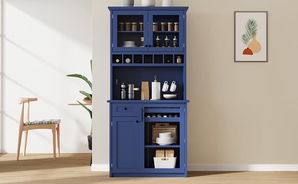 Farmhouse Freestanding Buffet with Hutch, Tall Kitchen Pantry Storage Cabinet with Wine Rack, Adjustable Shelves and Glass Doors for Dining Room, Blue