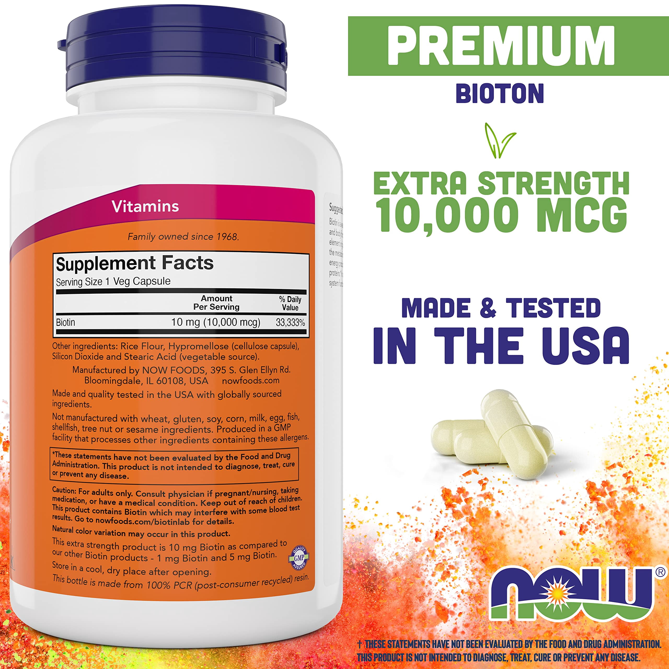 NOW Foods Extra Strength Biotin 10,000mcg / 10 mg - 200 Count - Hair, Skin, Nail - Supplement for Men and Women - B7 Vitamin - Vegetarian, Vegan, Non-GMO