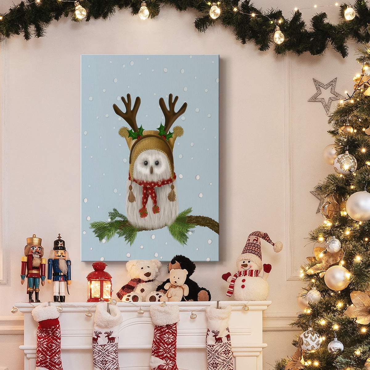 Christmas Fluffy Owl and Antlers- Gallery Wrapped Canvas