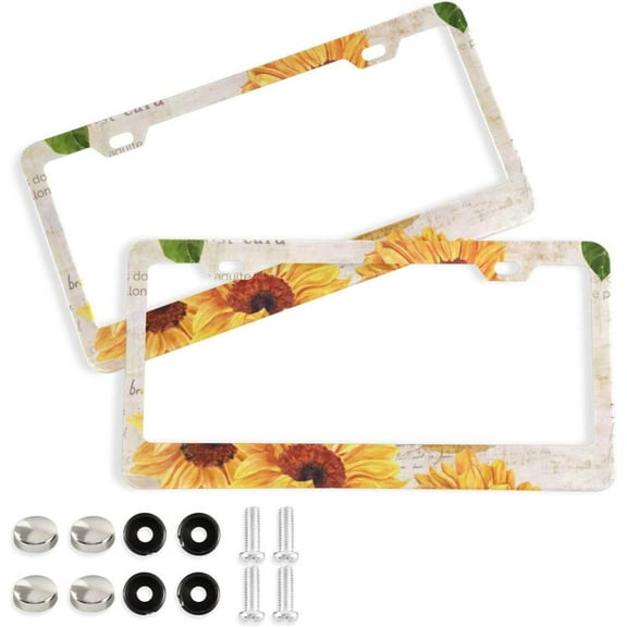 Coolnut Sunflower License Plate Frames 2 Pack, Waterproof Aluminum Alloy Car Tag Holder 2 Holes License Plate Covers with Screw Caps Auto Accessories