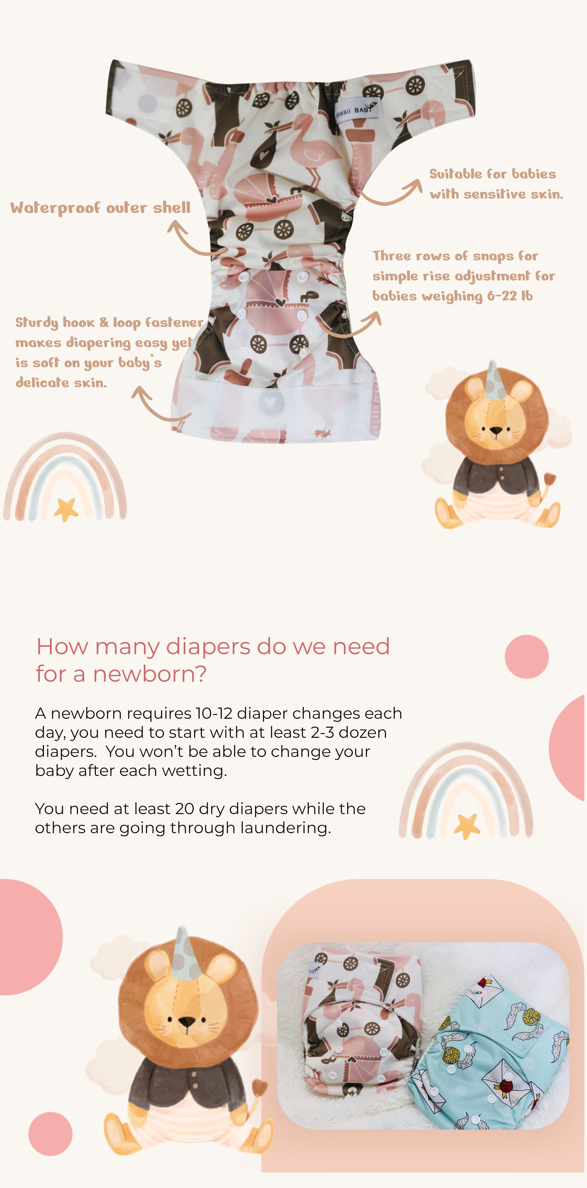 Kawaii Baby Bamboo Cloth Nappies & Diapers  6 Pack with 12 Inserts Newborn, 6-22 lbs | Daily & Overnight Use