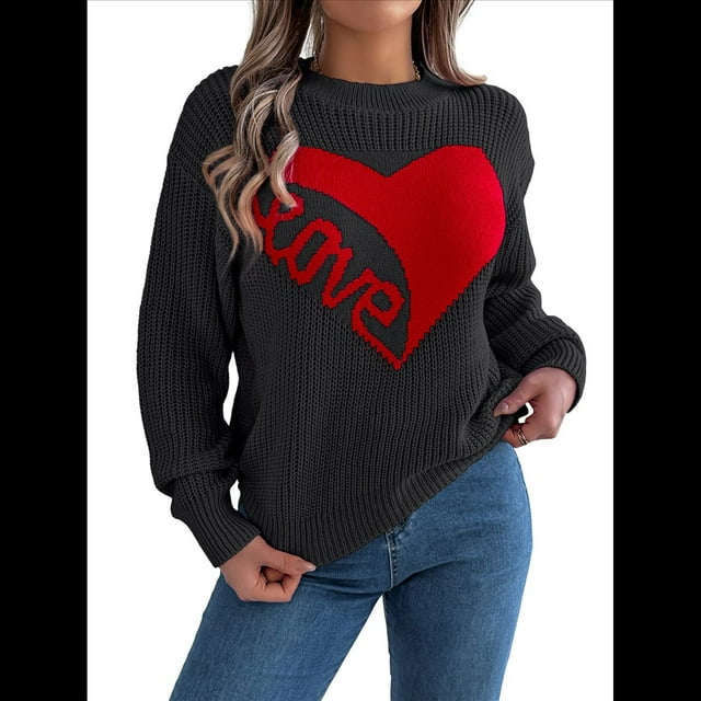 Suéter de San Valentín para Mujer, Jersey de Punto con Corazón, Larga, Informal. Negro S