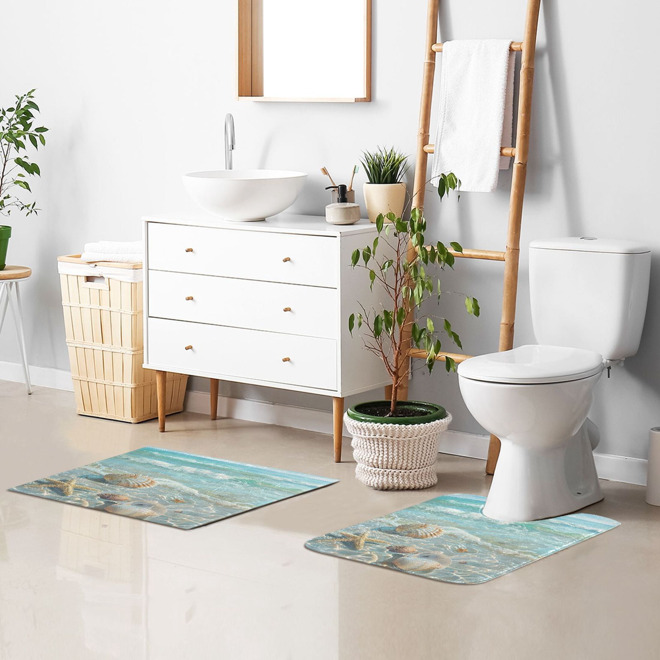 Toilet Rug Set Non-Slip Bathroom Rugs Soft Plush Machine Washable Contour Bath Mat Seashells Sea Stars Beach 24x20/24x16