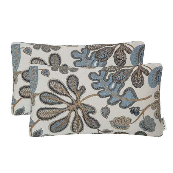 Mika Home Ensemble de 2 Housses de Coussin Jacquard Motif Feuille Tropicale 12X20 Pouces, Bleu Crème