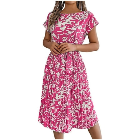 Blphud Fashion Dresses for Women Summer Dresses for Women 2024 Midi Dress 2024 Summer Solid Color Waist Round Neck A Line Long Dress Work Wear Women Plus Size Short Sleeves Dresses Hot Pink XL