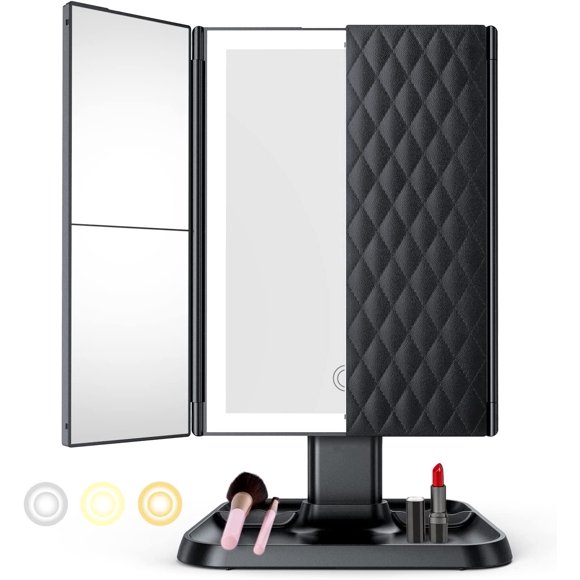 Makeup Mirror Vanity Mirror with Lights and Magnification, Touch Control Trifold Mirror, Portable High Definition Cosmetic Lighted up Mirror with 3 Color Lighting Modes 72 LED, Black