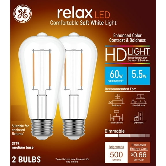 GE Relax HD LED Light Bulbs, 60 Watt, Soft White, ST19 Edison Bulbs, Medium Base, Clear Finish, 2pk