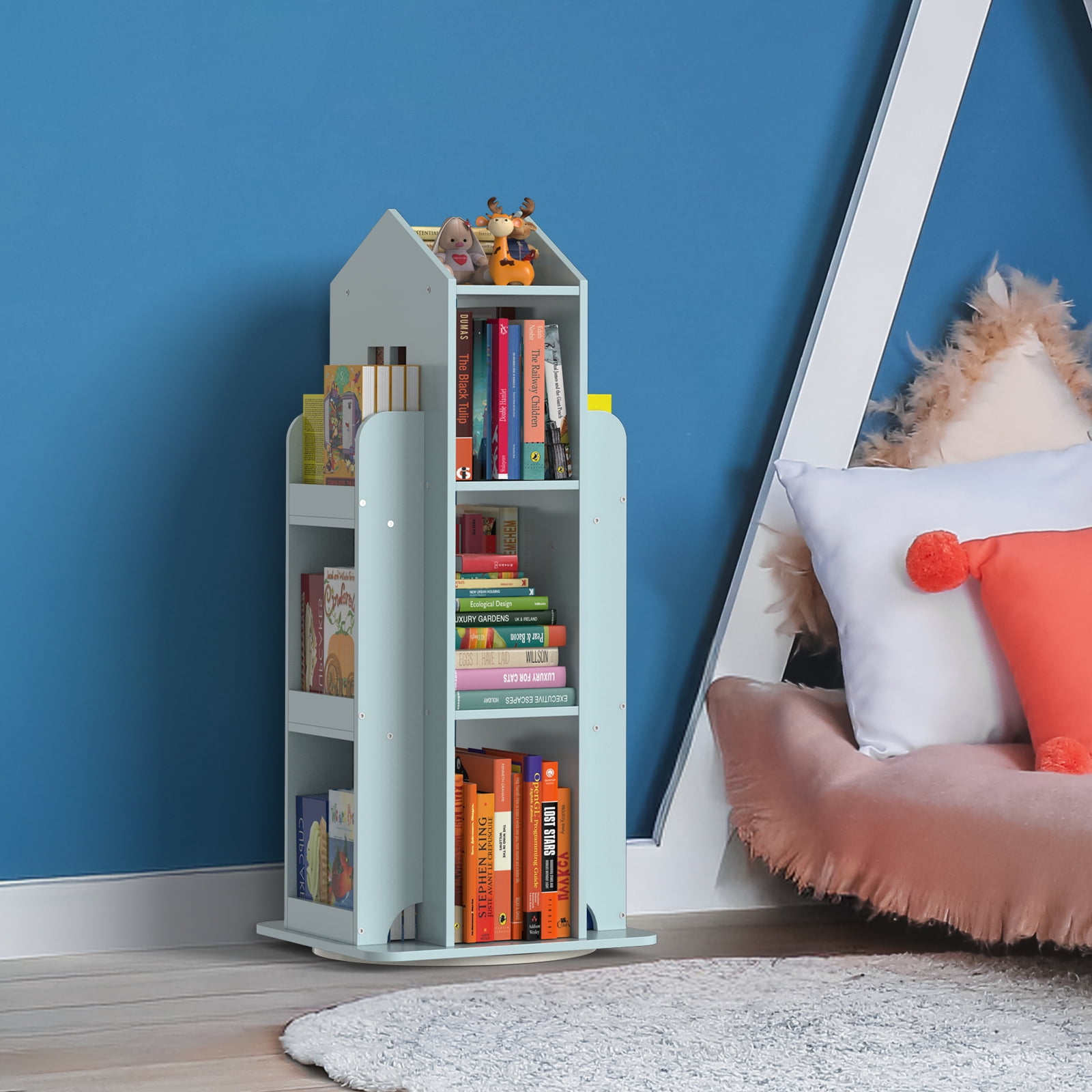 360° Rotating Kids Bookshelf, Blue Engineered Wood House-Shaped Bookcase, 38in Tall Storage Organizer for Bedroom, Playroom, Living Room