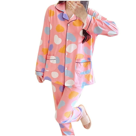 ZQUUVOU Women's Cotton Pajamas Set Lapel Collar Bottun Down Long Sleeve Fall Loungewear Tops and Pants with Pocket Pink D