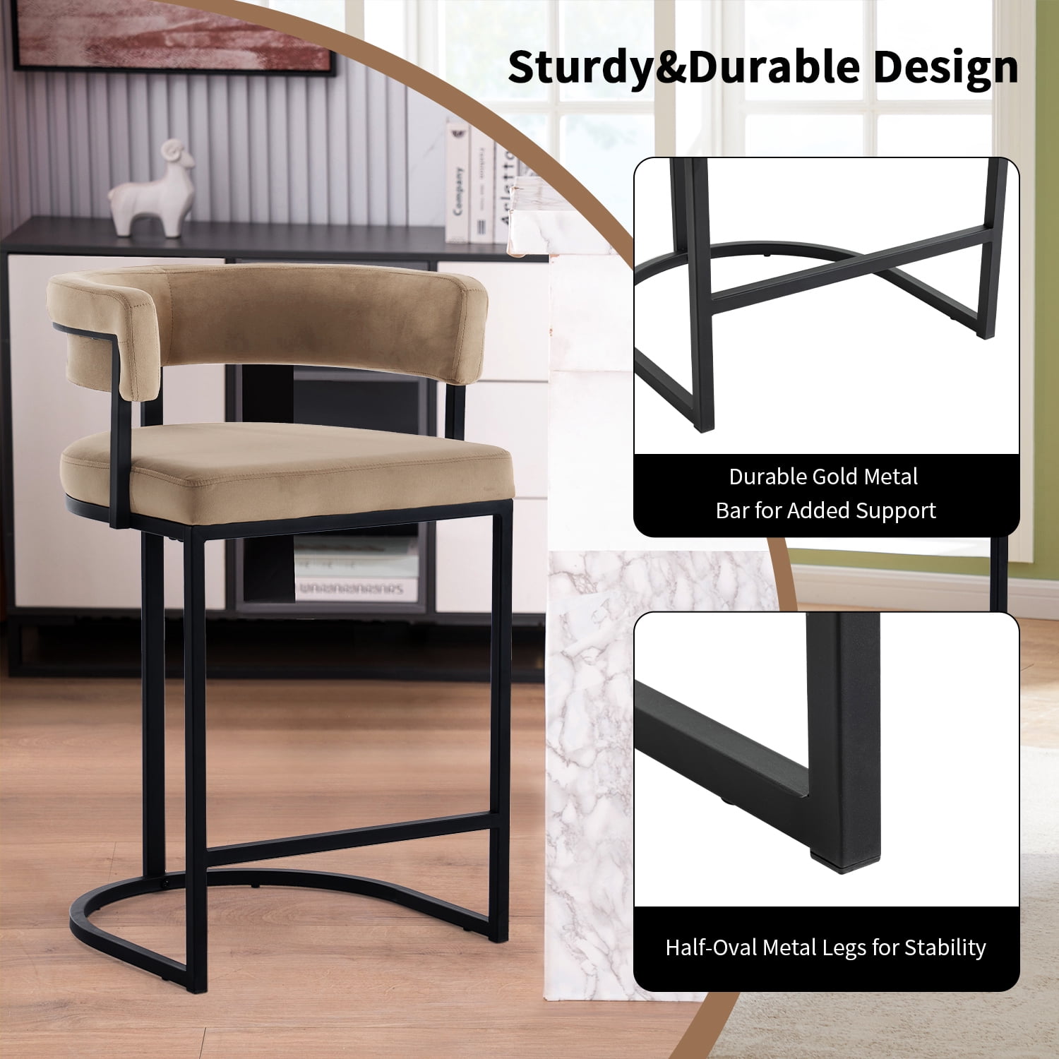 Set of 2 Beige Modern Velvet Bar Stools with Barrel Backrest, Upholstered Seat, Metal Footrest 25.6 Inch Seat Height, Ideal for Counters, Home Bars, and Kitchen Islands