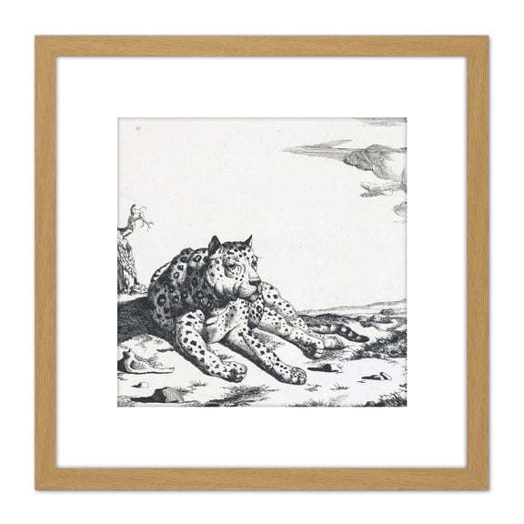 Bye Potter Lying Leopard From Front Big Cat Etching 8X8 Inch Square Wooden Framed Wall Art Print Picture with Mount