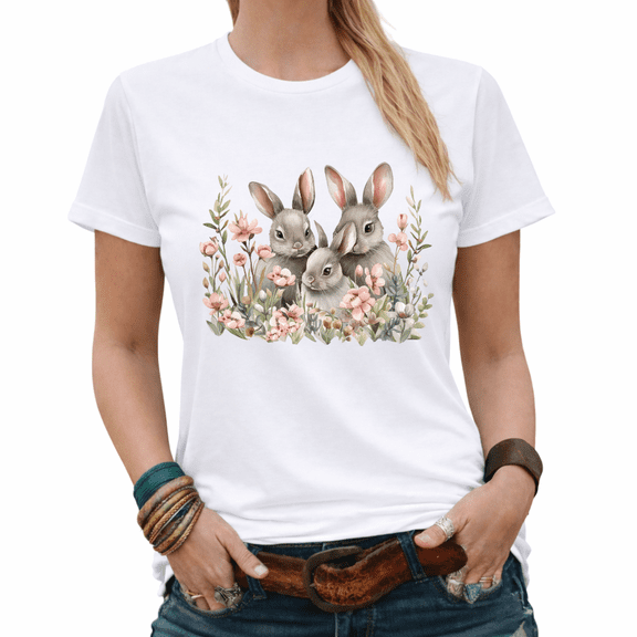 Easter Bunny Trio Floral Watercolor Graphic Tees Womans Tshirt Shirts White/Black S-5XL Tops