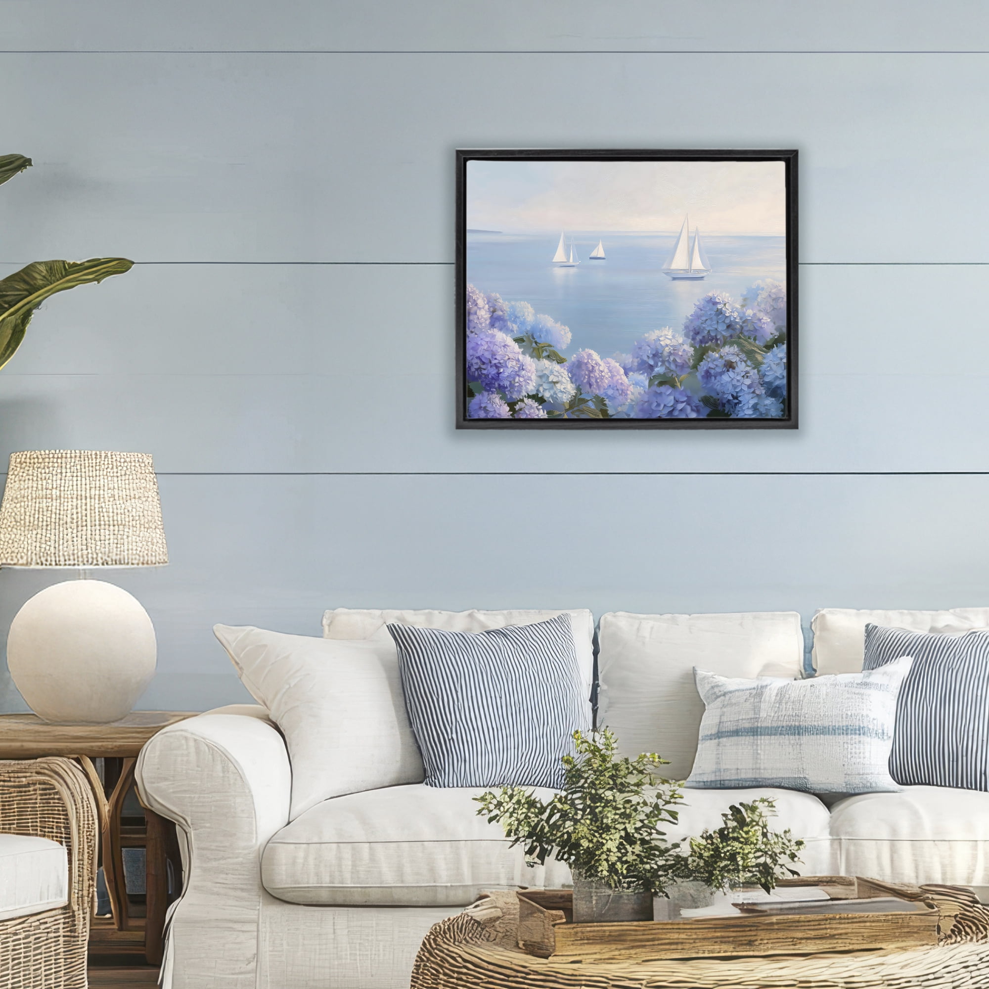 Stupell Industries Sailboats & Hydrangeas at Sea Black Framed Floater Canvas Wall Art, design by LSR Design Studio